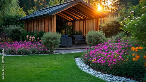 Summer garden retreat with blooming flowers and sunset glow near cozy outdoor shelter