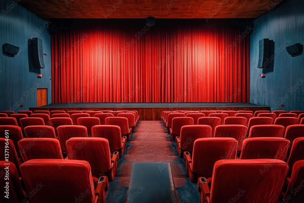 Fototapeta premium Empty cinema hall with red seats and closed red curtains, creating an inviting and dramatic atmosphere.