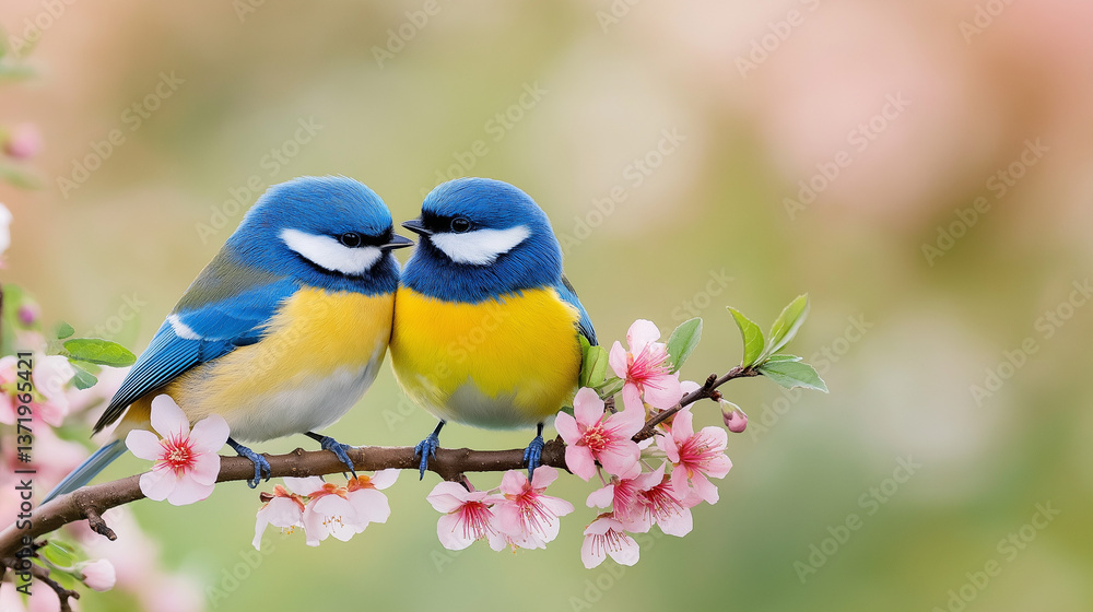 Obraz premium Lovebirds on a Floral Branch: Two vibrant blue and yellow birds share an intimate moment on a delicate flowering branch, surrounded by a soft, pastel-colored background.