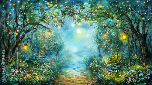Enchanted forest path leading towards a mysterious light surrounded by bioluminescent creatures in a soft ambient glow.