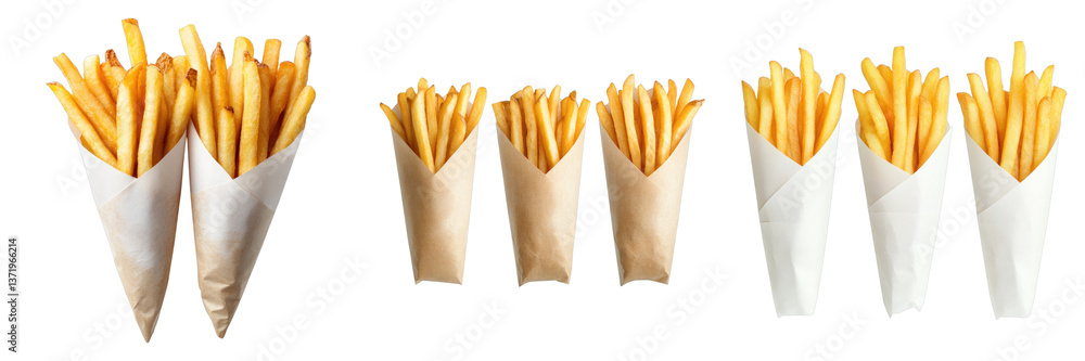 French fries wrapped with paper isolated on transparent background. PNG, Set of French fries wrapped with paper isolated on transparent background. PNG, Set of