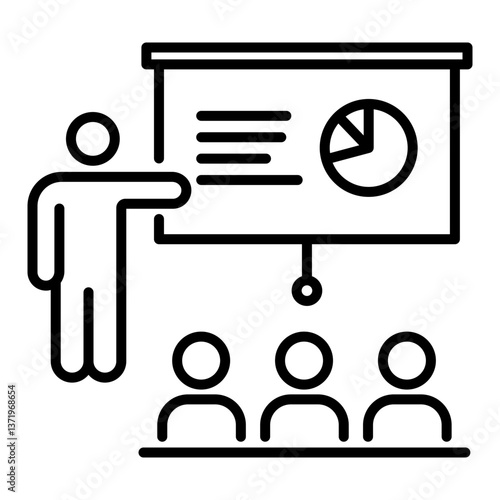  business presentation icon, symbolizing a group of audience listening to a presenter pointing at a screen displaying chart slides in a meeting room