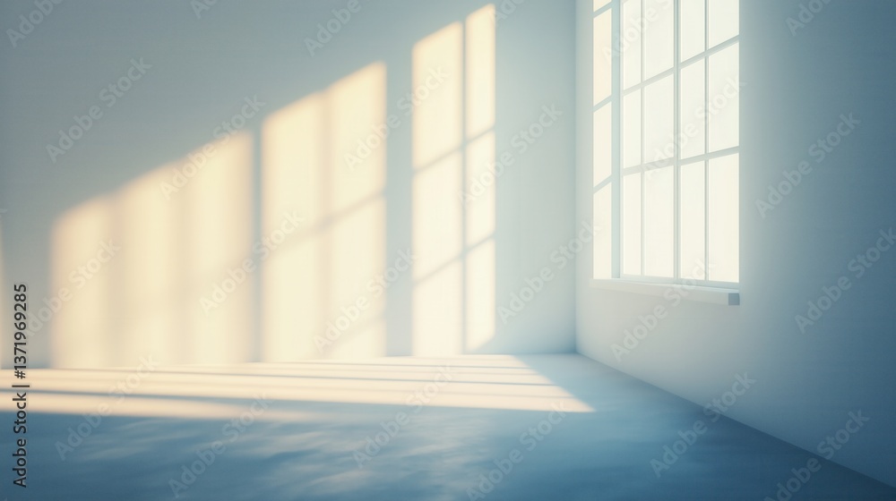 Obraz premium A bright, minimalistic room with soft shadows cast by sunlight filtering through large windows, creating a serene atmosphere.