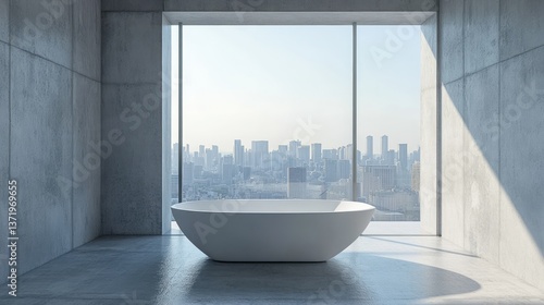 Bathtub stands before a floor to ceiling city view