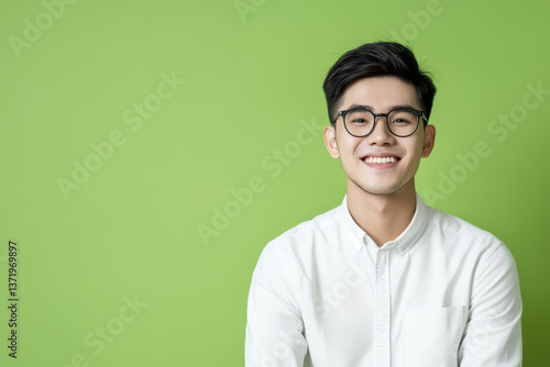 Confident Asian man smiling in casual attire against green background