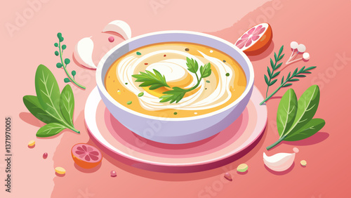 Creamy white soup with herbs and a dollop of cream in a white bowl on pink background, top view, copy space.