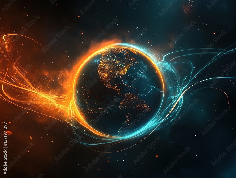 Obraz premium Earth's Energy Flows: A Dynamic Planet's Vibrant, Glowing Aura in Space, Illuminated City Lights at Night