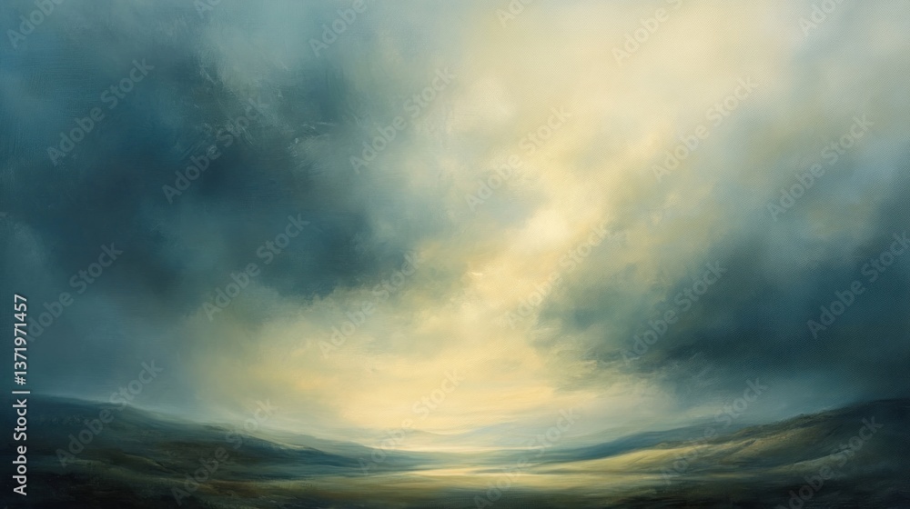 Naklejka premium Ethereal landscape with stormy skies and a luminous glow, capturing nature's powerful serenity
