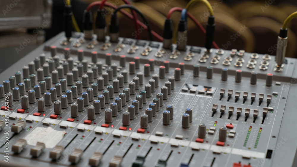 Fototapeta premium A professional audio mixing console with multiple knobs, buttons, and sliders, used for sound control in music production, broadcasting, and live events.