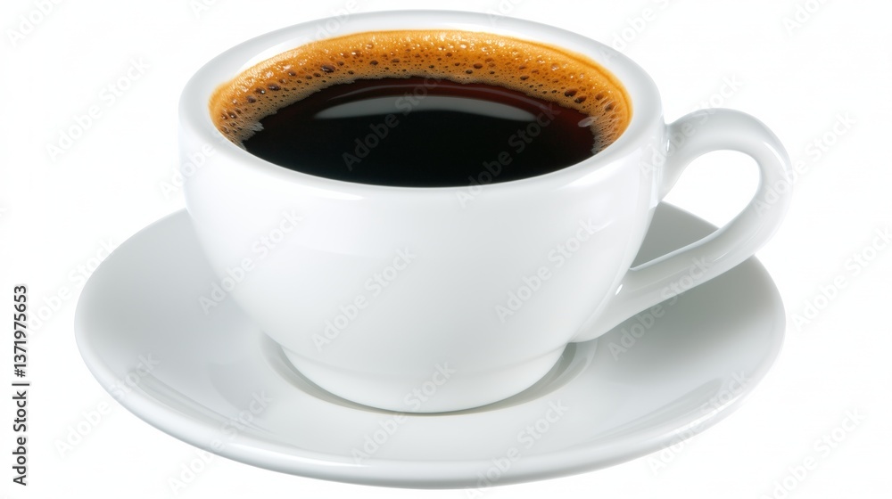 Classic white porcelain cup filled with black coffee on matching saucer, studio lighting with high contrast and soft shadow Classic white porcelain cup filled with black coffee on matching saucer, studio lighting with high contrast and soft shadow
