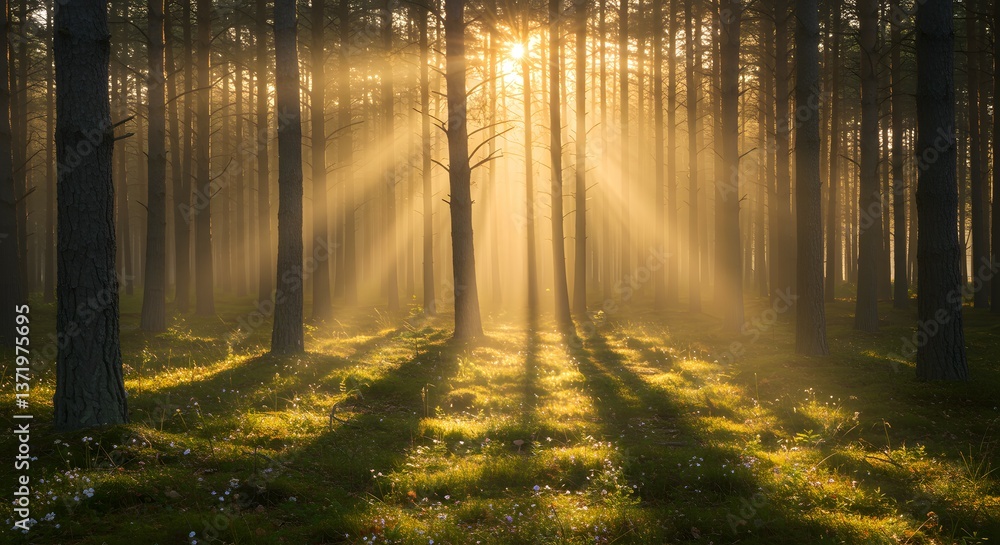 Obraz premium Sunbeams Illuminate Misty Pine Forest at Dawn