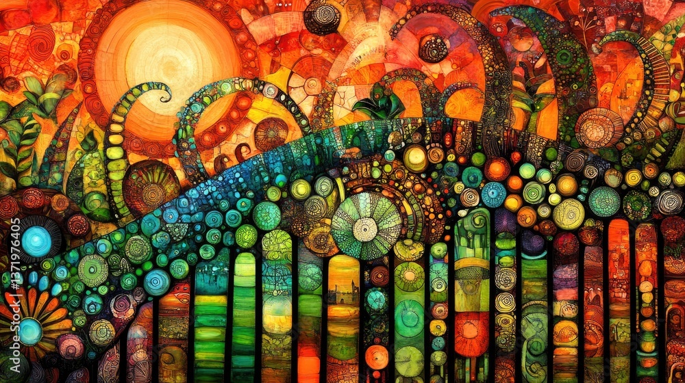 Obraz premium Vibrant abstract painting of colorful flora and geometric shapes under a warm, orange sky