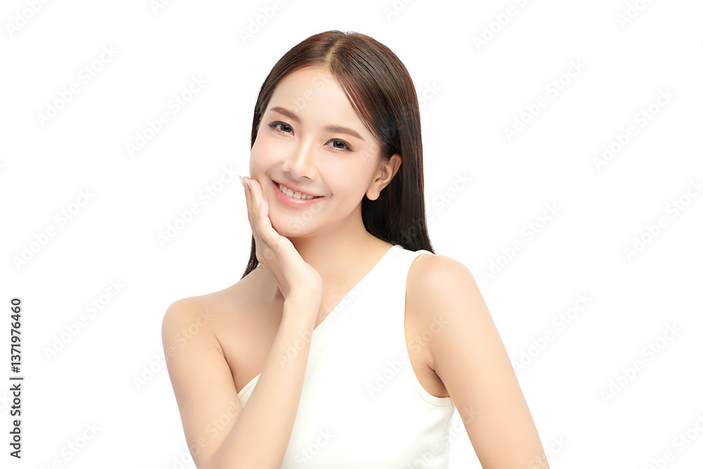 A beautiful young Asian woman with clean, fresh skin against a white background. Skincare, facial treatment, cosmetology, beauty, and spa. An elegant portrait of an Asian woman. A beautiful young Asian woman with clean, fresh skin against a white background. Skincare, facial treatment, cosmetology, beauty, and spa. An elegant portrait of an Asian woman.