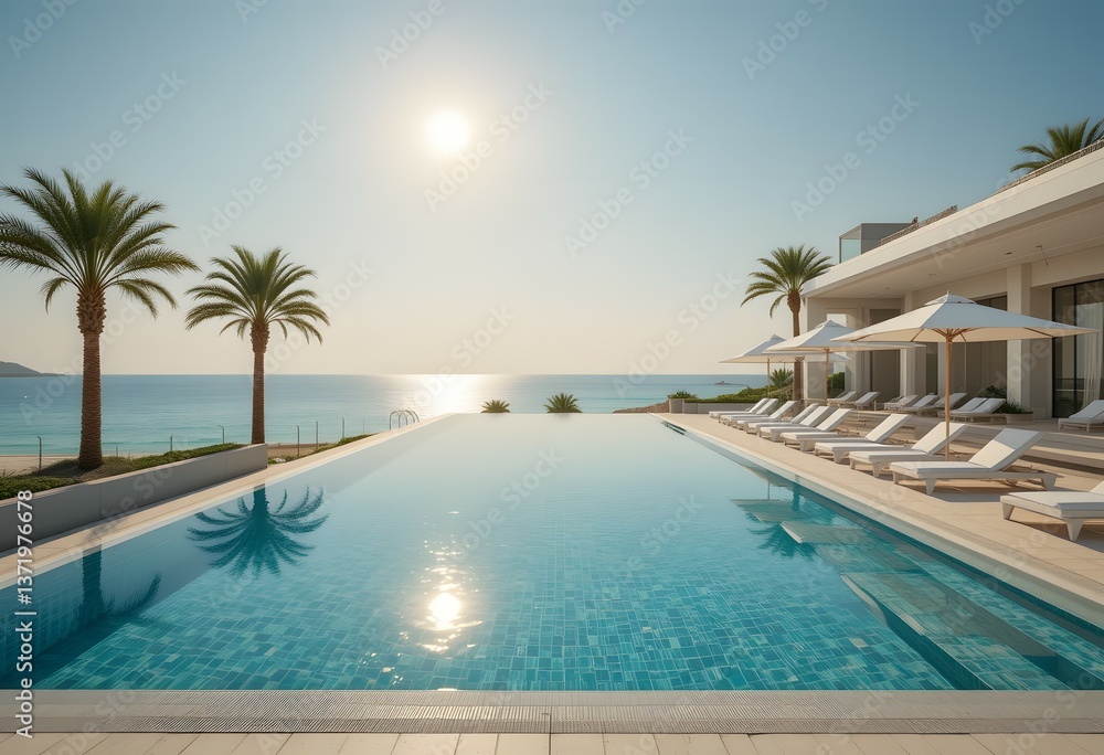 Fototapeta premium Sunrise Infinity Pool, Mediterranean Luxury Resort, Palm Trees & Azure Sea
