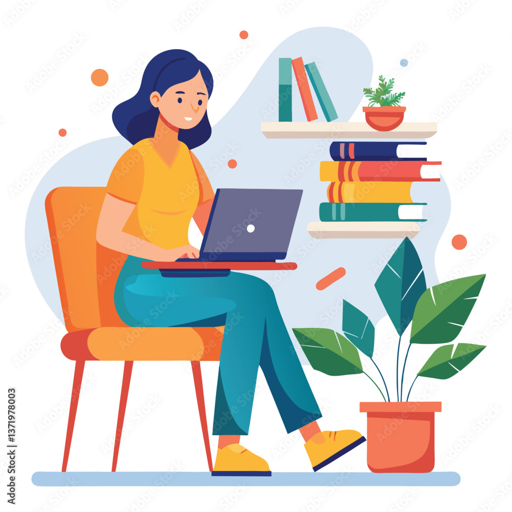 a woman is using his laptop sitting on a chair looking in the laptop colourful vector on a white background a woman is using his laptop sitting on a chair looking in the laptop colourful vector on a white background