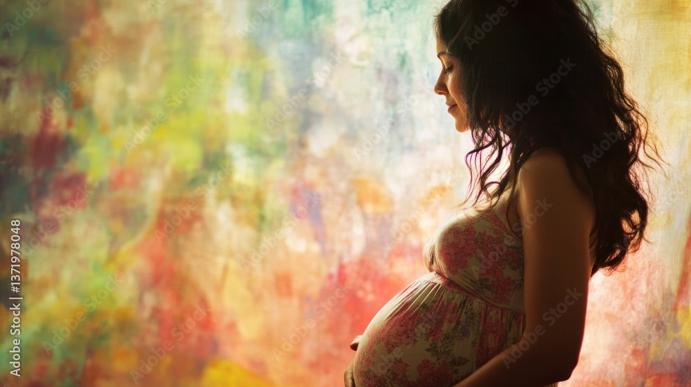 Celebrating new life pregnant woman in artistic background emotional portrait soft colors intimate viewpoint Celebrating new life pregnant woman in artistic background emotional portrait soft colors intimate viewpoint