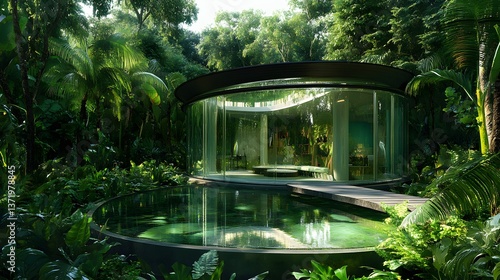 15. A futuristic glass garden house surrounded by lush greenery