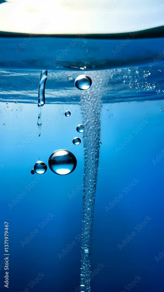 Bubbles rising in a vibrant blue liquid with swirling motion and dynamic shapes captured underwater
