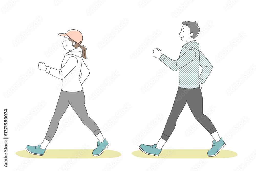 ウォーキングする中年の男女のシンプルイラスト ウォーキングする中年の男女のシンプルイラスト