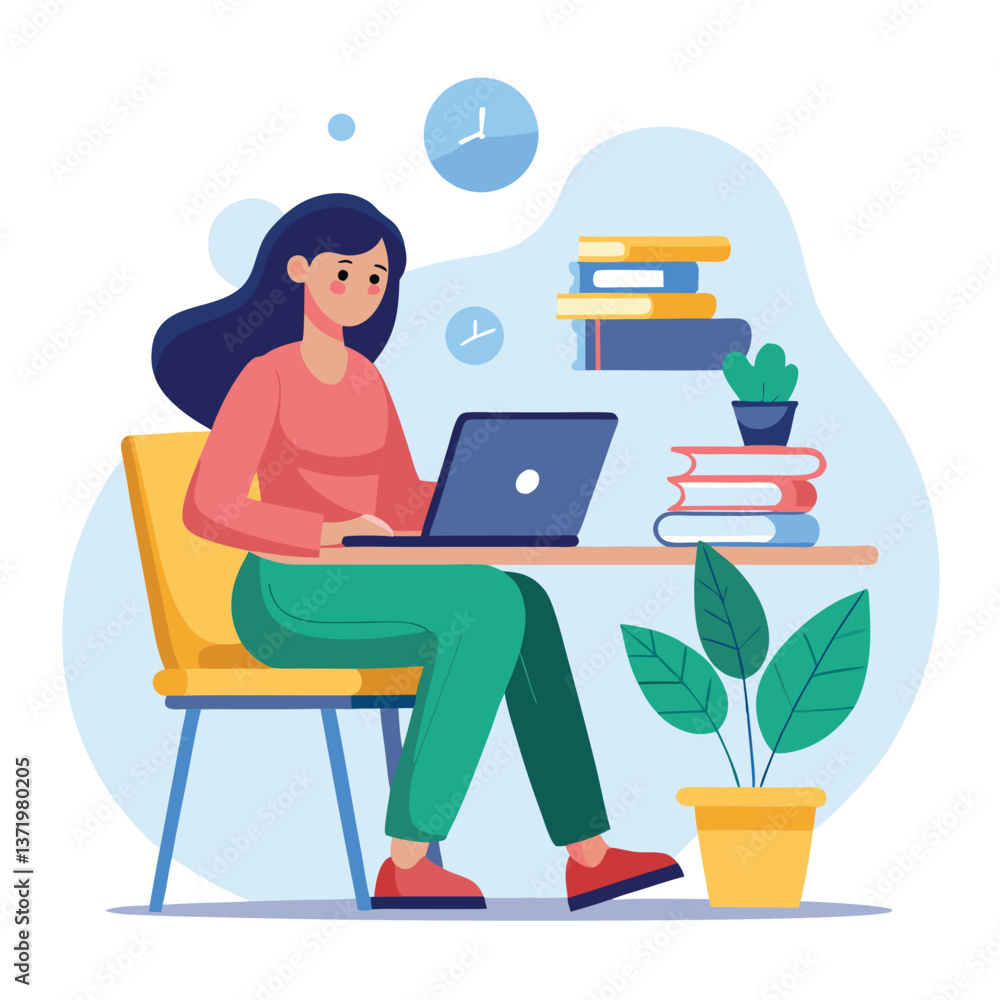 a woman is using his laptop sitting on a chair looking in the laptop colourful vector on a white background a woman is using his laptop sitting on a chair looking in the laptop colourful vector on a white background