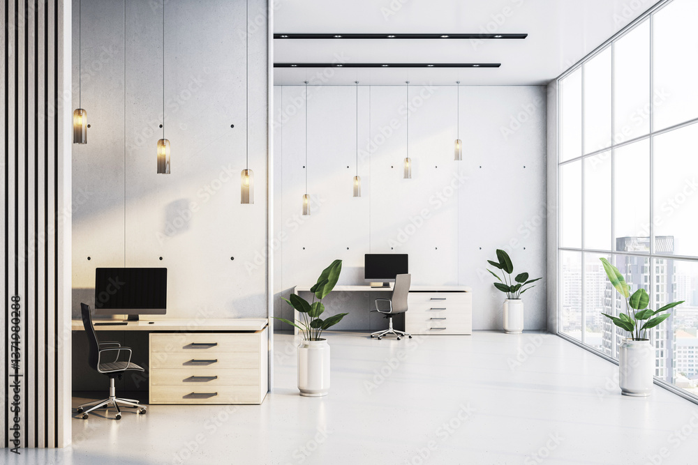 Modern light-filled corporate office interior with large windows, minimalistic design, white desks, and city view in background. 3D Rendering