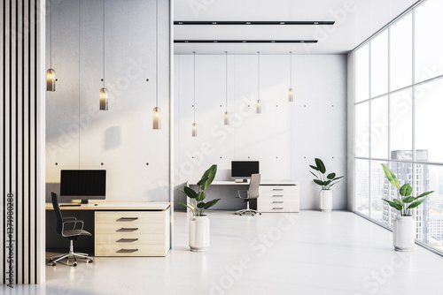 Obraz na płótnie Modern light-filled corporate office interior with large windows, minimalistic design, white desks, and city view in background. 3D Rendering w salonie