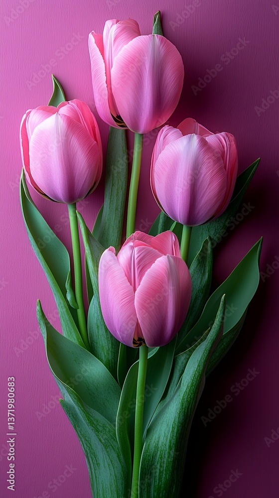 Fototapeta premium Four delicate pink tulips arranged together against a rich purple backdrop, showcasing their elegant blooms and vibrant green stems