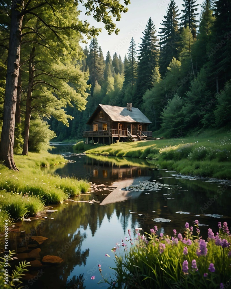 A Rustic Wooden Cabin by a Tranquil River, Surrounded by Lush Green Forest and Wildflowers. A Rustic Wooden Cabin by a Tranquil River, Surrounded by Lush Green Forest and Wildflowers.