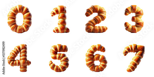 Croissant number pastry concept 0 to 7 : Realistic croissant numbers 0, 1, 2, 3, 4, 5, 6, and 7 shaped as baked pastries on white background