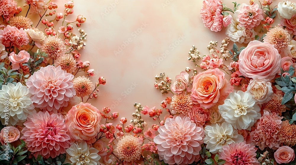 custom made wallpaper toronto digitalPeach and cream colored flowers arranged in a border around a soft pink background.  Elegant and delicate floral design