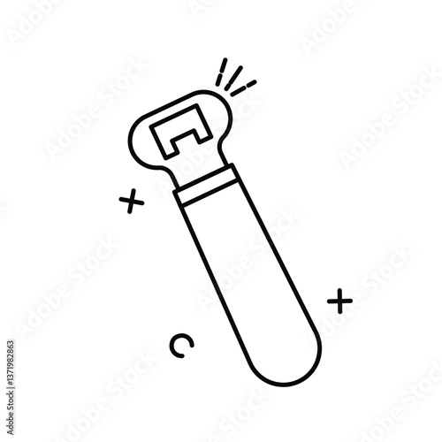 The image shows a cartoon illustration of a bottle opener. The bottle opener has a red handle with a yellow band near the top