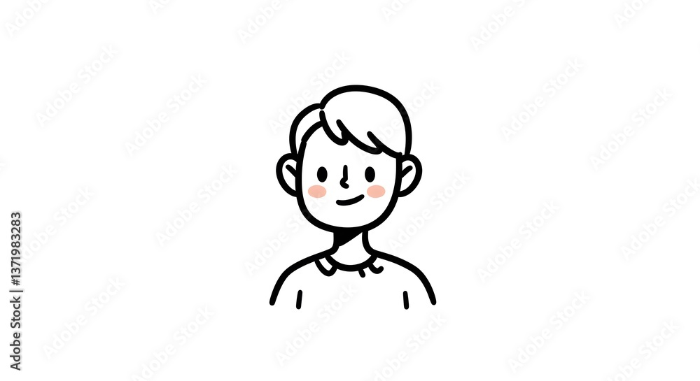 Simple line art illustration of a smiling character with short hair and rosy cheeks. Simple line art illustration of a smiling character with short hair and rosy cheeks.