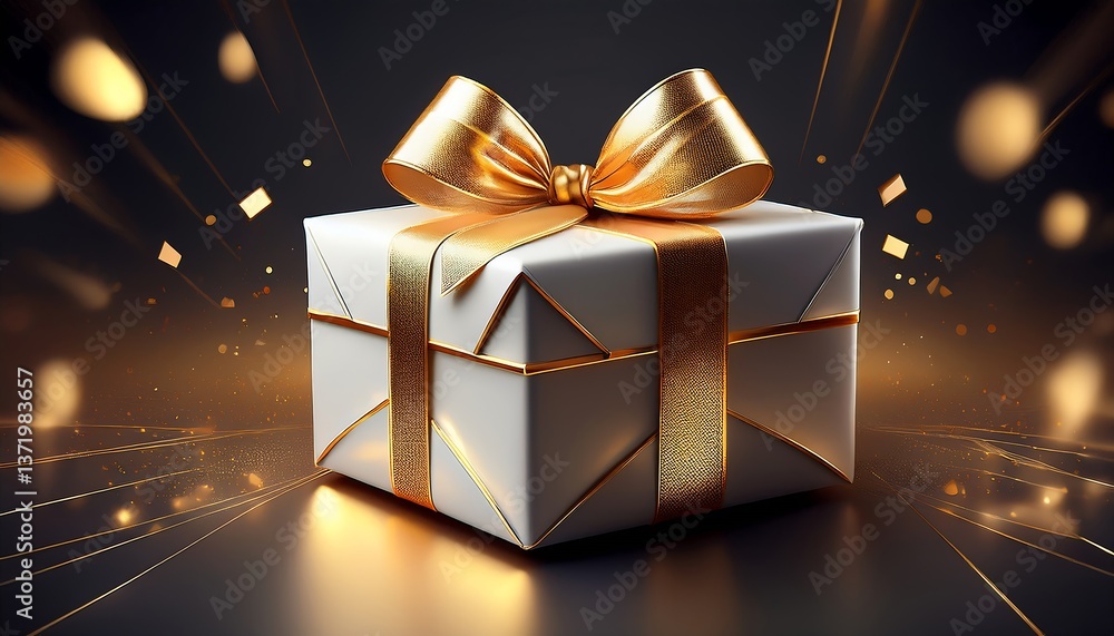 A luxurious 3D flying gift box in white and gold, hovering elegantly against a dark background. The gift box is wrapped in glossy white paper with a shimmering gold ribbon and bow. ( Generated with AI ) A luxurious 3D flying gift box in white and gold, hovering elegantly against a dark background. The gift box is wrapped in glossy white paper with a shimmering gold ribbon and bow. ( Generated with AI )