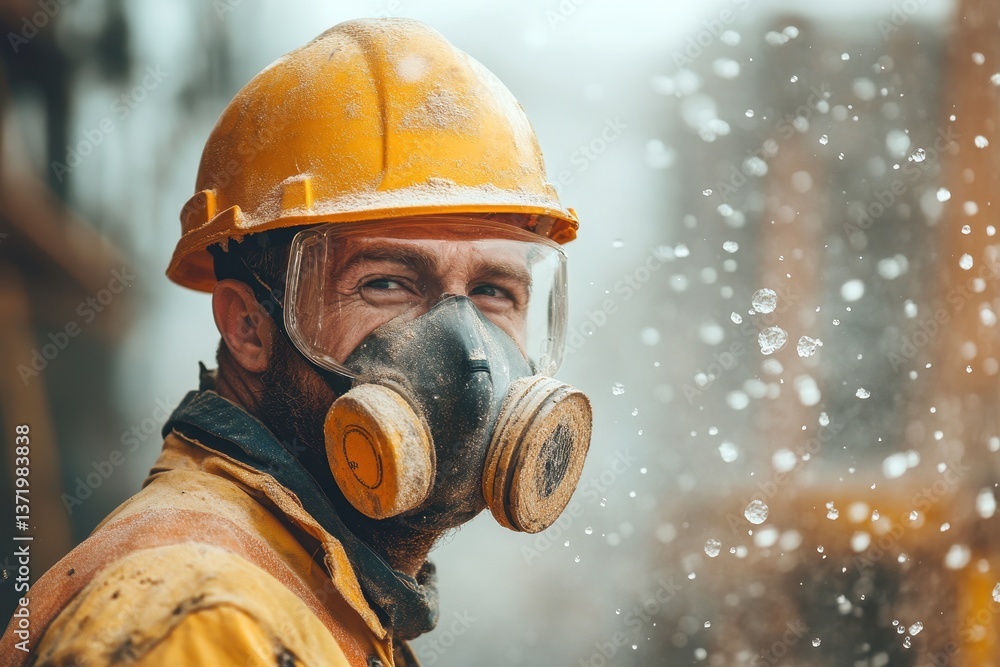 Worker in hard hat and respirator during demolition or hazardous materials cleanup. Illustrates safety regulations, construction, or environmental protection. Worker in hard hat and respirator during demolition or hazardous materials cleanup. Illustrates safety regulations, construction, or environmental protection.