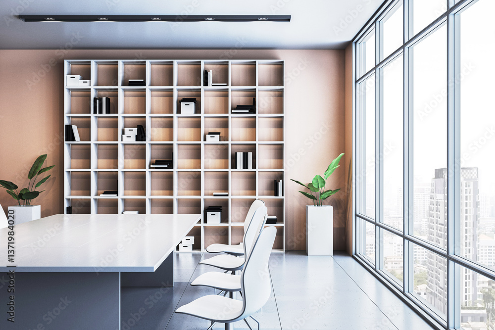 Modern corporate meeting room with white chairs, bookshelf, large windows, and city view in high-rise office interior design setting. 3D Rendering