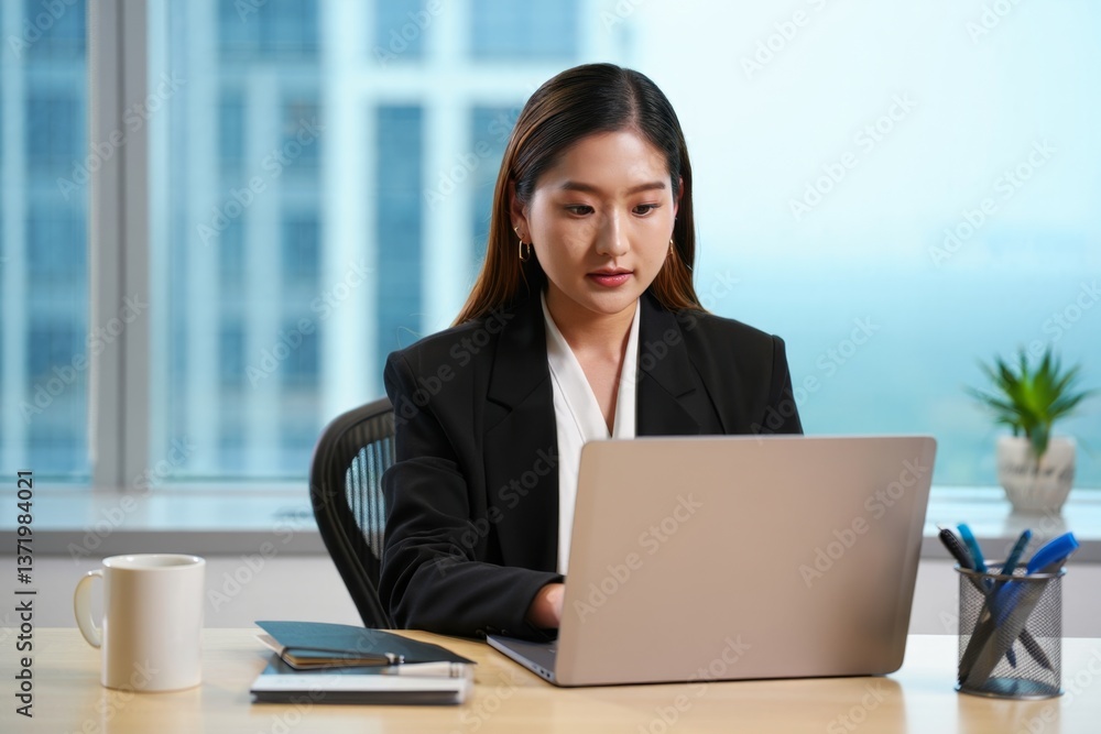 A woman sitting at a desk using a laptop computer A woman sitting at a desk using a laptop computer