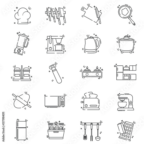 set of kitchen cartoon style icons, all related to cooking and kitchen items