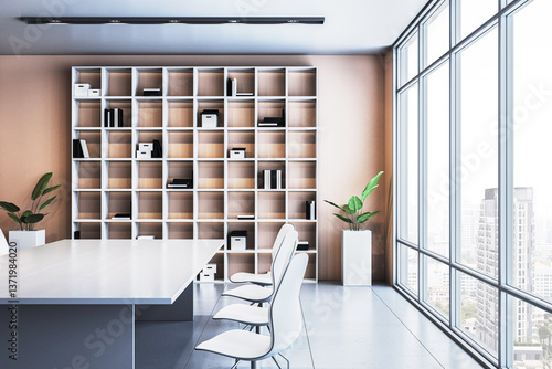 Obraz na płótnie Modern corporate meeting room with white chairs, bookshelf, large windows, and city view in high-rise office interior design setting. 3D Rendering w salonie