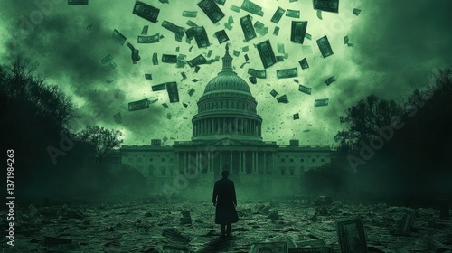 Political Crisis  Falling Money, Capitol Building, Gloomy Scene.  Possible use  Editorial