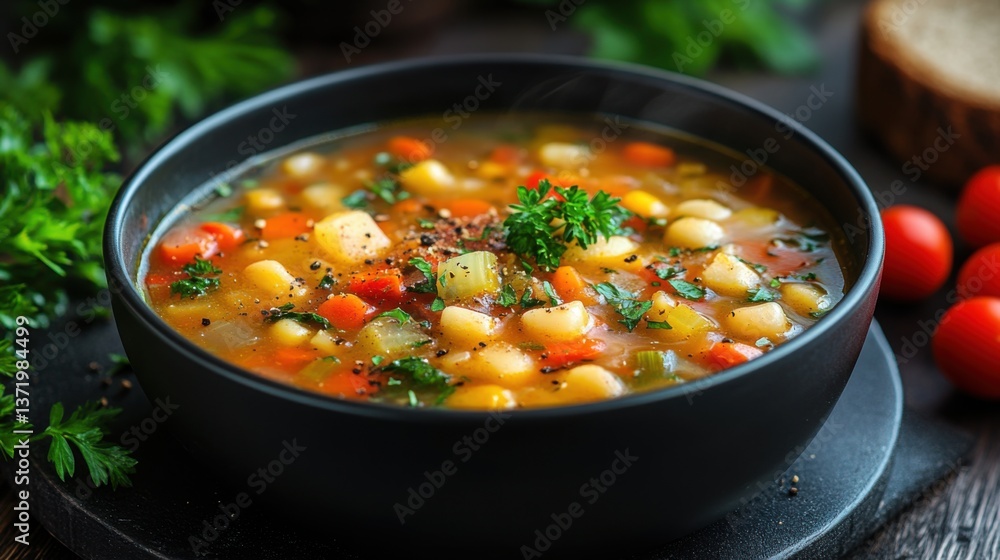 Steaming Bowl of Minestrone Soup, Traditional Italian Vegetable Dish Steaming Bowl of Minestrone Soup, Traditional Italian Vegetable Dish