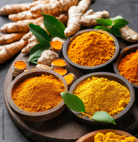 Turmeric and Ginger Powder with Colorful Spices  High-Resolution Stock Image Featuring Wooden Bowls, Fresh Green Leaves, and Seasonings for Culinary and Herbal Design Concepts