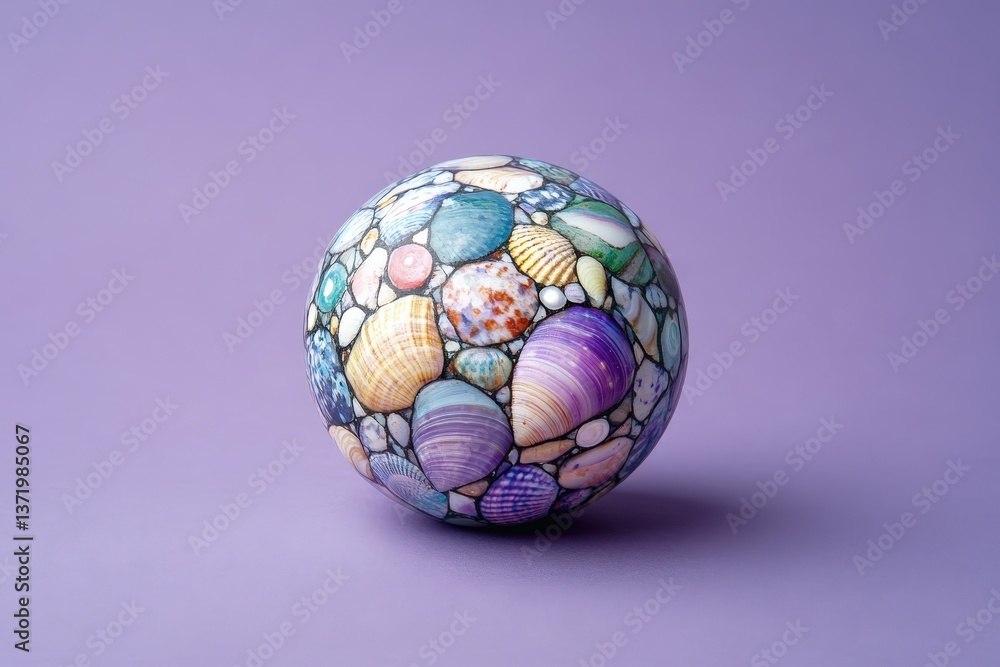 A spherical object covered in various seashells and stones A spherical object covered in various seashells and stones