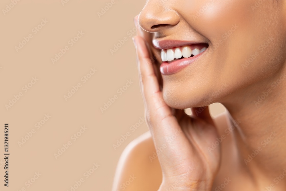 Obraz premium A woman smiling with her hand on her chin