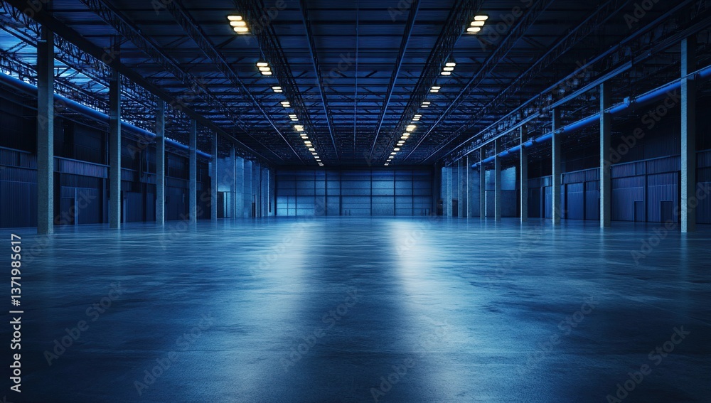 Exploring Vast Empty Industrial Building Interior with Metal Structure, Concrete Floor, and Bright Lighting Exploring Vast Empty Industrial Building Interior with Metal Structure, Concrete Floor, and Bright Lighting