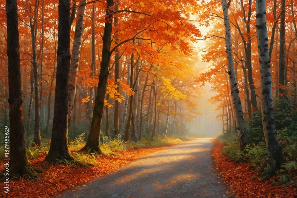 Fototapeta premium A painting of a road in the middle of a forest