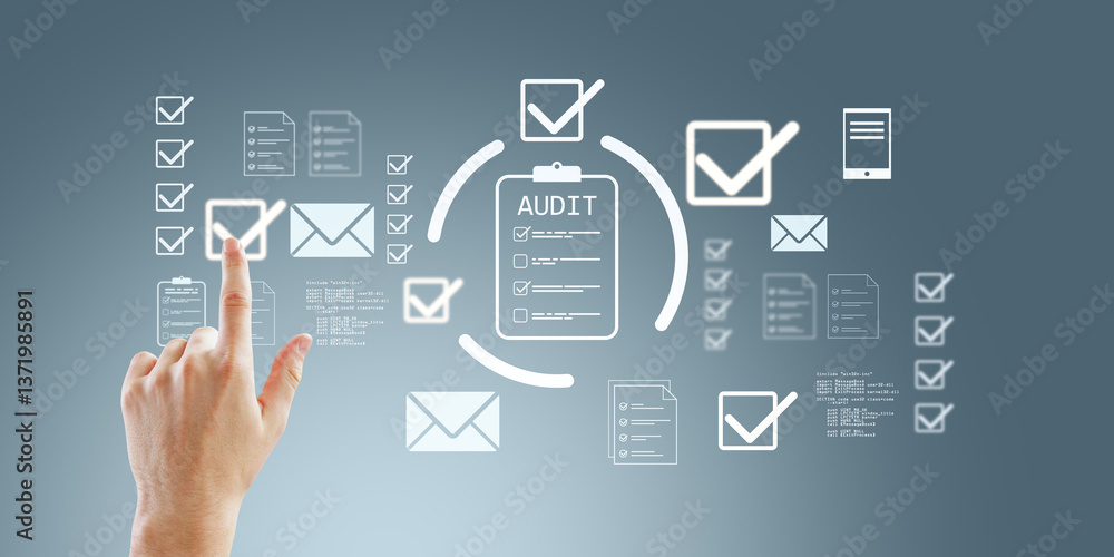 Hand touching digital audit checklist icons on transparent interface with abstract business symbols on blue background conceptually representing review process.