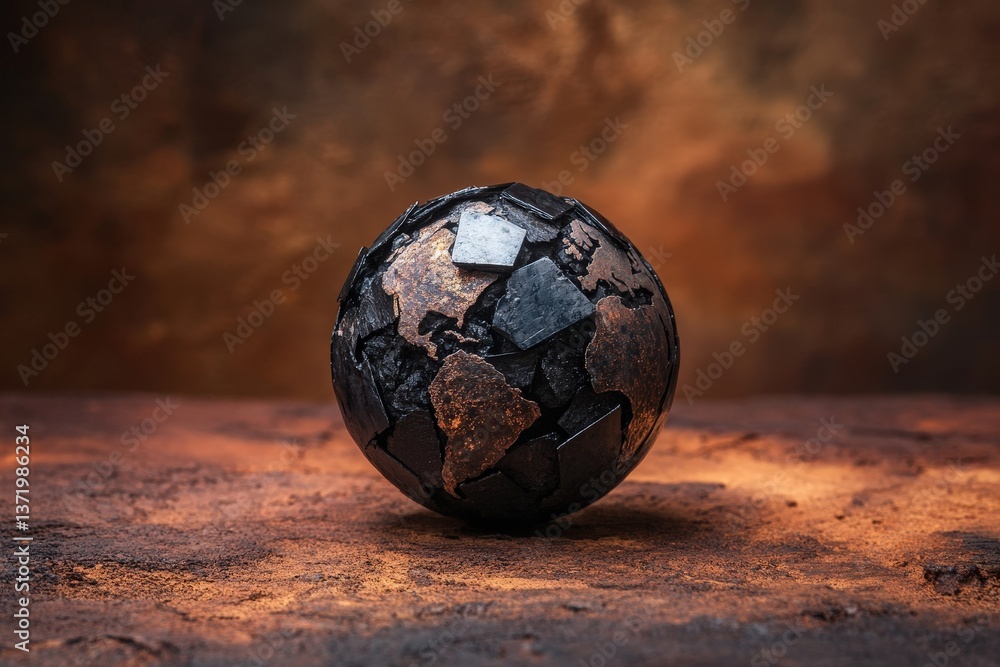 Naklejka premium A metallic globe showing world continents over a textured surface