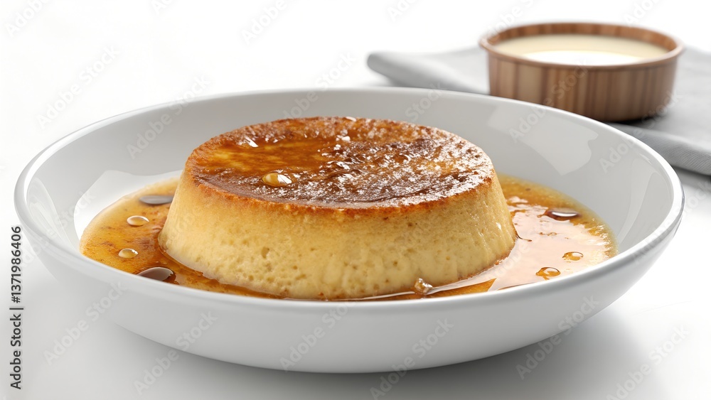 The image showcases a single serving of flan, a caramel custard dessert The image showcases a single serving of flan, a caramel custard dessert