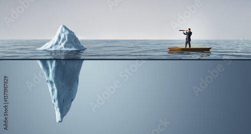 Obraz na płótnie Businessman on a boat looking at an iceberg with a telescope, symbolizing hidden risks and challenges in business strategy