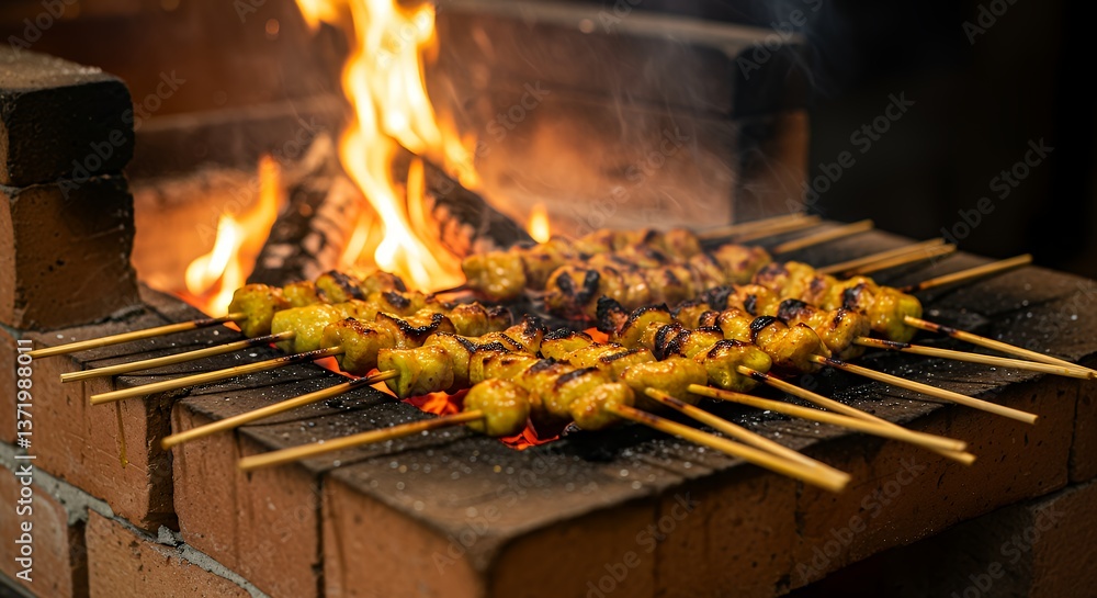 Delicious Grilled Chicken Satay Skewers Cooking Over a Burning Fire in a Brick Oven Delicious Grilled Chicken Satay Skewers Cooking Over a Burning Fire in a Brick Oven